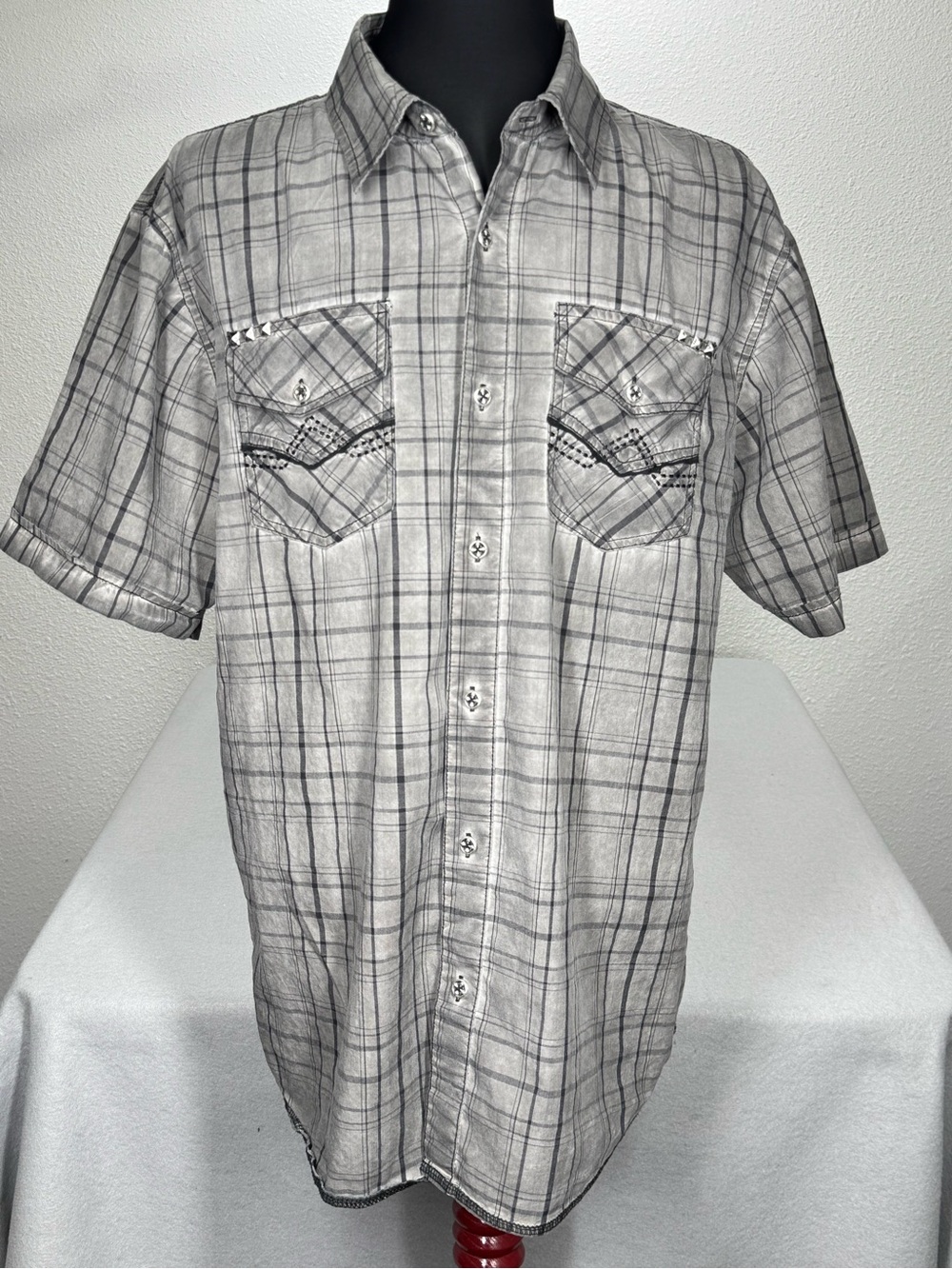 Affliction Ascendor Gray Plaid w/ Logo Short Sleeve Button Up Shirt  XL